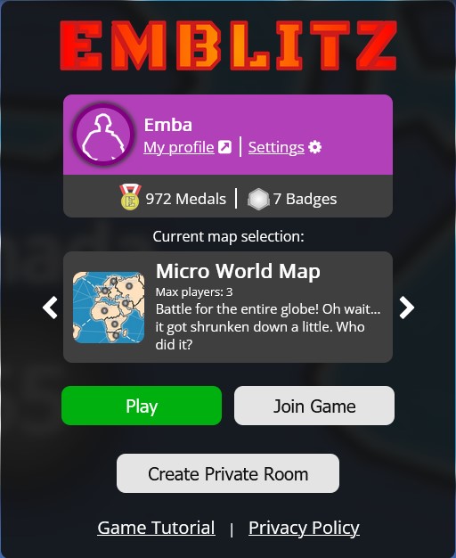 An image of the game menu on the home page